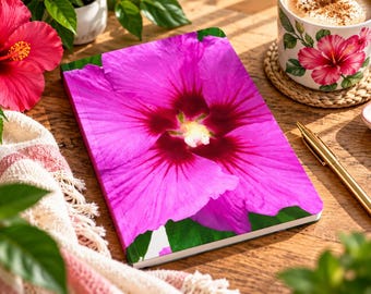 Large Hibiscus Notebook, Pink Floral Journal, Tropical Flower Cover, Colourful Notebook, Plain Ruled or Bullet Pages
