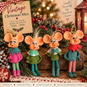 May include: A set of four vintage Christmas mice ornaments made in Japan, featuring felt clothing in pink, green, and red with striped legs. A tan tag displays the text Vintage Christmas Mice, Set of Four, Made in Japan, 1950s-1960s.