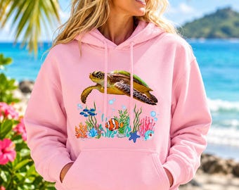 Turtle Hoodie, Sea Turtle Sweatshirt, Tropical Fish Hoodie, Ocean Life Pullover, Colorful Coral Reef Design, Gildan 18500