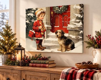 Victorian Boy and Dog in Snowy Christmas Scene Canvas