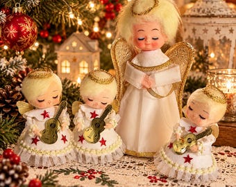 Vintage Japan Christmas Angel Figurines Set of 4, Rare Petite Guitar Angels with Gold Wings, Mid Century Holiday Decor