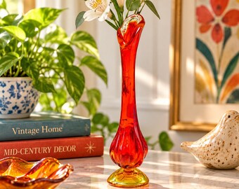 Vintage 1960s Viking Hand Made Art Glass Bud Vase, Red Orange  Amber Yellow