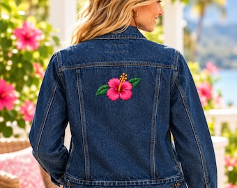 Pink Hibiscus Embroidered Women's Denim Jacket, Floral Denim Jacket, Tropical Flower Jacket