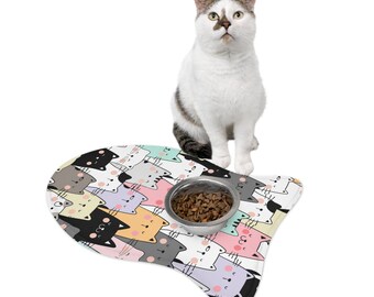Pastel Cat Pattern Pet Feeding Mat | Fish-Shaped Non-Slip Placemat