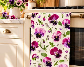 Pansy Cotton Linen Canvas Tea Towel, Botanical Kitchen Towel, Cottage Kitchen Decor, Garden Flower Gift, Hibiscus Home