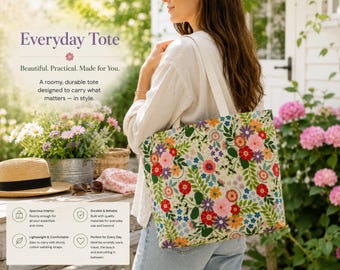 Wildflower Canvas Tote | Oversized Floral Market Bag, Reusable Shopping Tote