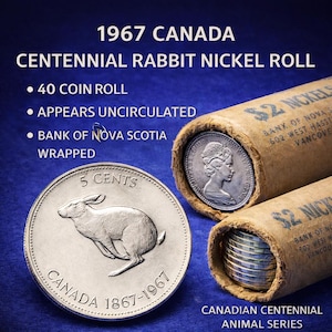 May include: A 1967 Canada Centennial Rabbit Nickel Roll. The image shows a 5-cent coin with a rabbit design, along with two rolls of nickels. The text on the coin reads "Canada 1867-1967". The rolls are wrapped by the Bank of Nova Scotia.