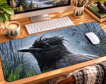 Backyard Bluey Raven Desk Mat, Large Bird Desk Pad, Wildlife Photography Desk Decor, Nature Lover Gift, Extended Mouse Pad