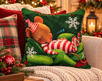 Christmas Mouse Throw Pillow Cover, Whimsical Holiday Cushion