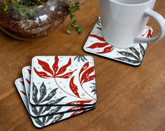 Winter Botanical Coasters Set of 4, Red and Charcoal Leaf Coasters, Modern Floral Drink Mats, Decorative Home Decor, Hostess Gift