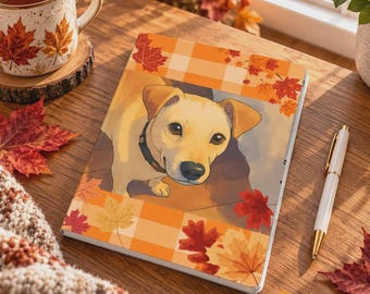 Autumn Dog Notebook, Paloma Golden Dog Journal, Fall Leaves Cover, Cute Pet Lover Gift, Autumn Writing Notebook