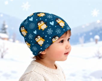 Penguin Beanie for Kids, Cute Winter Hat, Teal Penguin Print