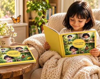 Könnte beinhalten: Ein gelbes Hardcover-Buch mit dem Titel Isabel and the Caterpillar, das auf dem Einband eine Collage aus vier Illustrationen zeigt, die eine junge Figur in einem Garten mit Schmetterlingen und Blumen darstellt, auf einem Holztisch.