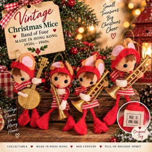 May include: Four vintage Christmas mouse ornaments, each wearing a red hat and red-and-white striped shirt. The mice hold miniature gold-coloured musical instruments: a banjo, a clarinet, a trombone, and a trumpet. A tag reads Made in Hong Kong.