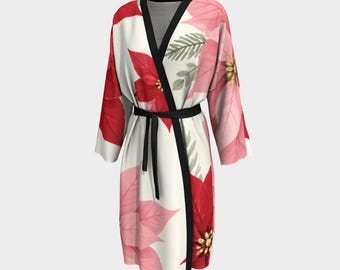 Floral Kimono Robe, Red Poinsettia Peignoir, Women's Dressing Gown, Botanical Lounge Robe, Silk Twill or Chiffon, Personalized Gift