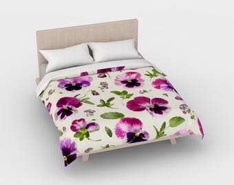 Pansy Duvet Cover, Floral Bedding, Cottage Garden Duvet, Botanical Bedding, Purple Flower Duvet, Romantic Bedroom Decor, Flower Lover Gift