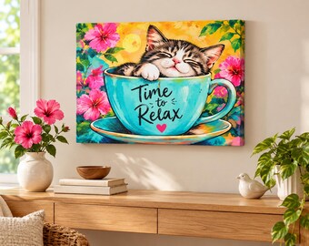 Relaxing Cat in Teacup Floral Artwork Canvas