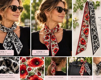 Silk Twill Ribbon Scarf, Two-Sided Red Poppy and Black White Floral Print, Skinny Silk Neck Scarf, Hair Accessory