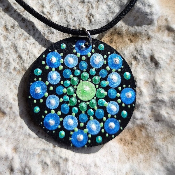 Mandala necklace unisex wood mandala choker round original mandala jewelry sacred geometry inspired mandala art original blue green for man.