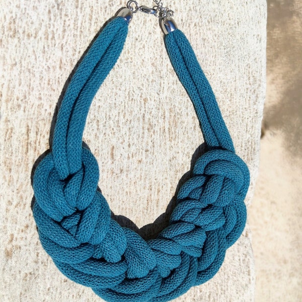 Teal blue textile choker necklace rope choker fabric neckalace chunky choker rope neckalce adjustable lenght boho necklace ethnic choker.