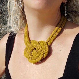 Statement Knot Necklace, Sculptural Rope Jewelry with Gold Magnetic Clasp, Custom Color, Josephine Knot Style, Textile Art Gift
