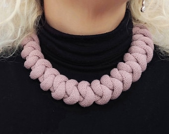 Fabric rope necklace pink choker necklace rope soft cotton cord necklace macrame necklace mauve pink rope choker knot necklace braided cord.