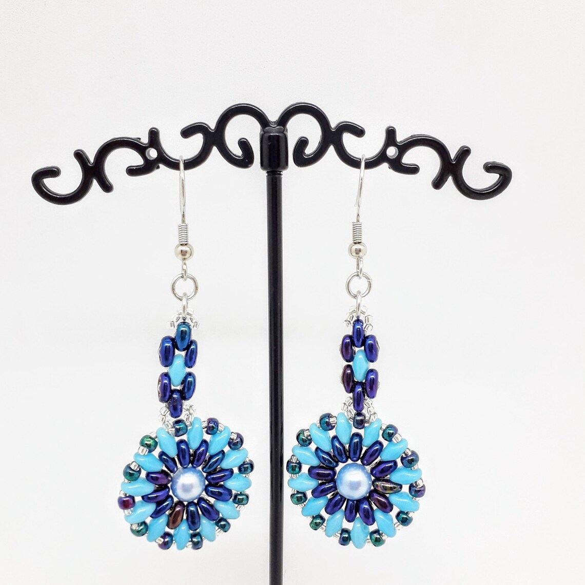 Turquoise and Blue Dangle Earrings Swarovski Pearls, Boho Dangling