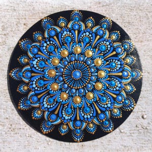 Original Blue and Gold Mandala, 7-inch Dot Art Painting, Hand-Painted Spiritual Wall Art, Signed Artwork