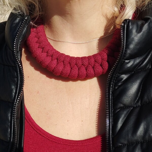 Ras de cou épais en tissu orange, collier ras de cou en corde, tour de cou en terre cuite, collier en cordon tressé, tour de cou en coton, collier ras de cou tribal en macramé