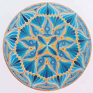 Original Mandala on Wood, 12-inch Hand-Painted Intuitive Art, Blue and Orange Spiritual Decor, Signed