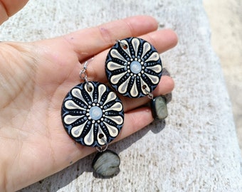 Black mandala handpainted earrings nacre earring double face earring wood earring round original painting earrings silver ear wire artistic