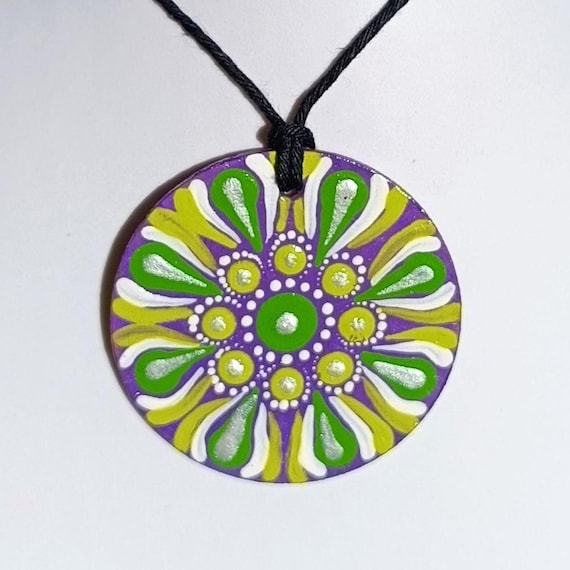 Hand-painted Mandala Necklace: Purple, Green Yellow Dot Art