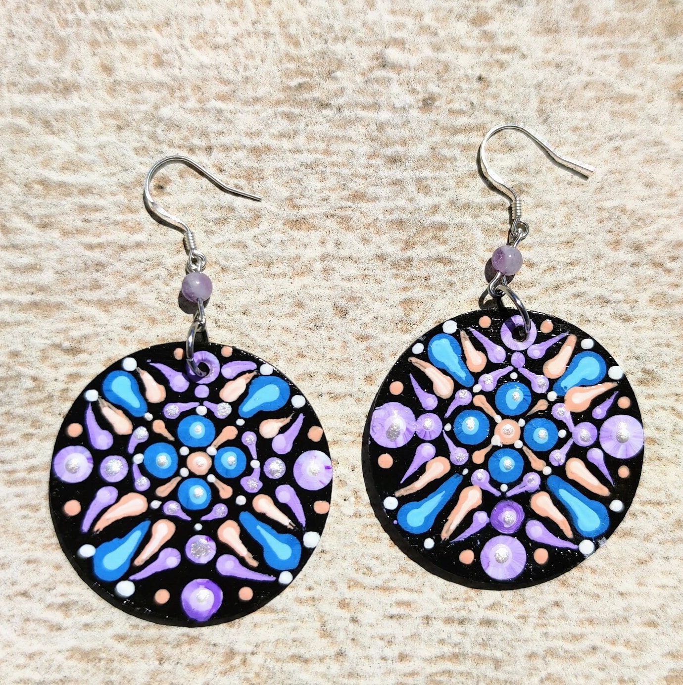Hand Painted Mandala Earrings with Amethyst and 925 Sterling Silver Hooks,  OOAK Statement Wood Jewelry, Boho Dot Art, Spiritual Gift