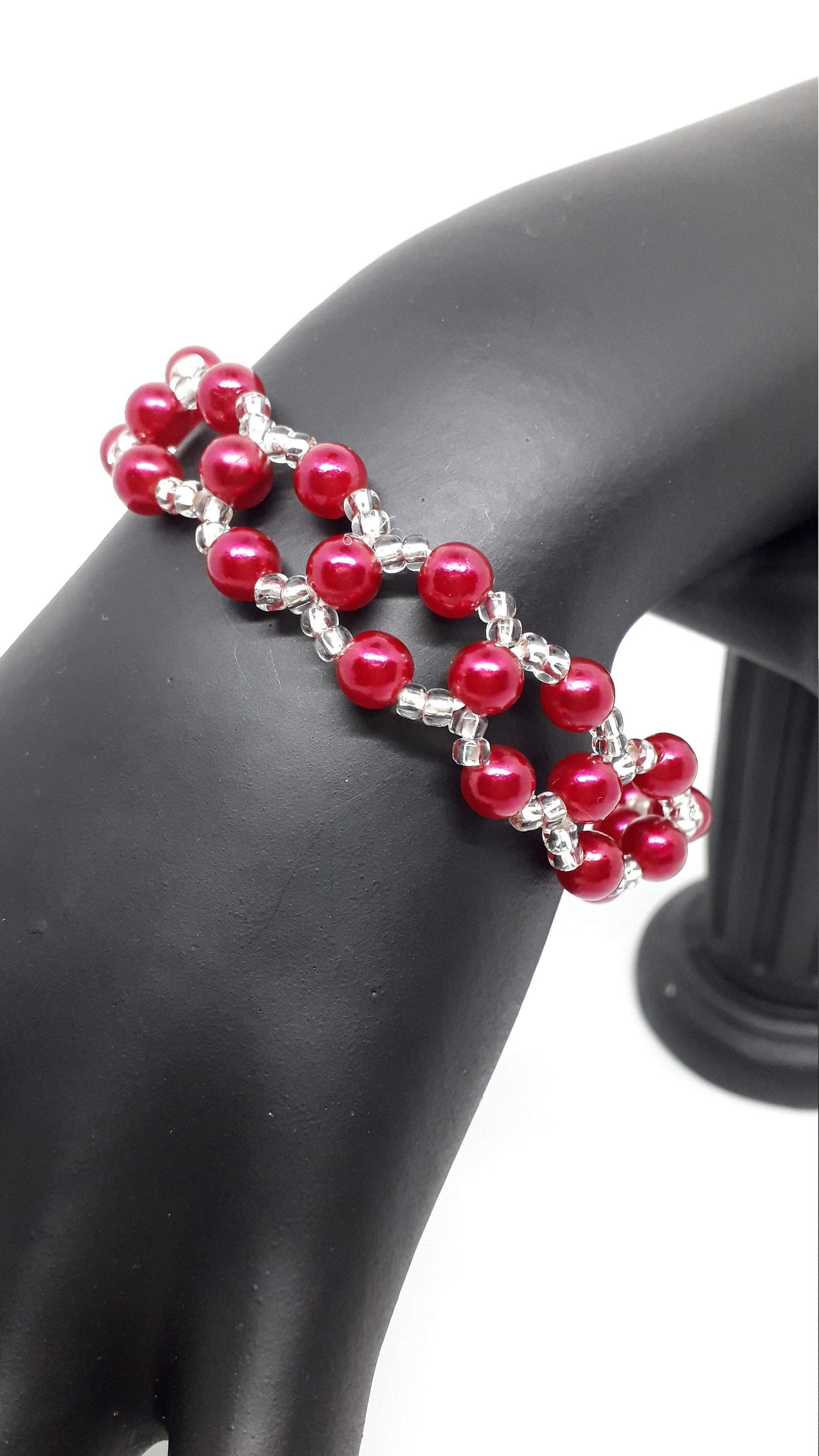 Bracelet Pearls Stretch Red Cherry Pearl Bracelet Silver Seed - Etsy