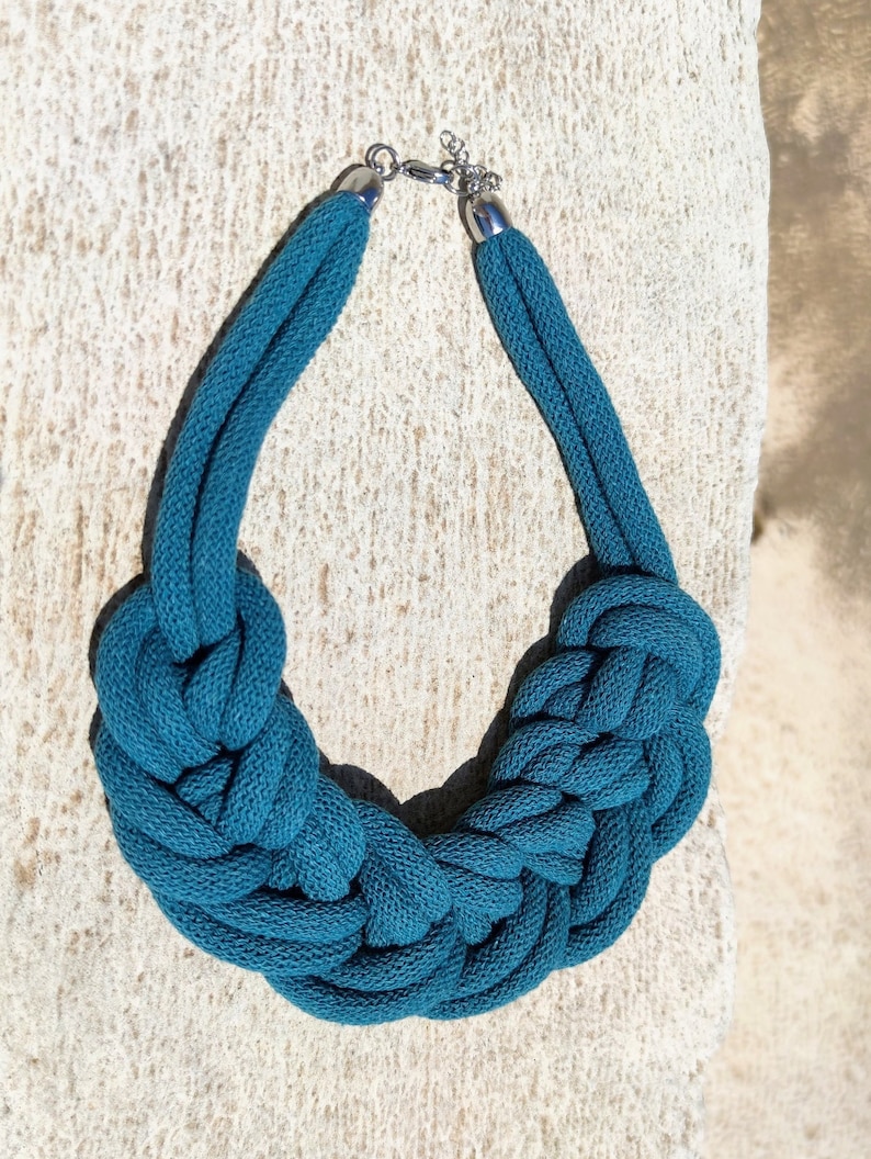 Teal blue textile choker necklace rope choker fabric neckalace chunky choker rope neckalce adjustable lenght boho necklace ethnic choker. Teal