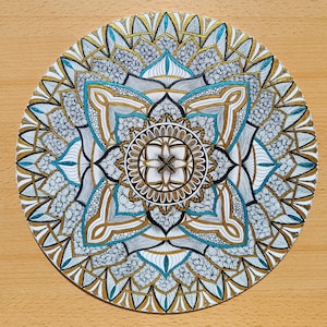 Original Gold and Blue Mandala, 12-inch Hand-Painted Spiritual Art, Intricate Dot Art on Wood, Signed by Artist