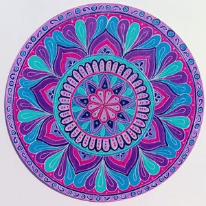 Original Mandala on Wood, 8-inch Hand-Painted Intuitive Art, Round Spiritual Wall Decor, Signed by Artist, Blue and Purple Mandala