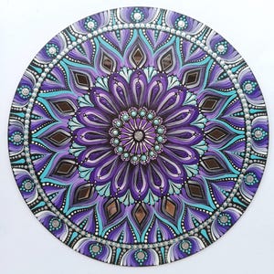 Original Mandala on Wood with Mirrors, 10-inch Dot Art, Hand-Painted Violet and Blue Spiritual Wall Decor