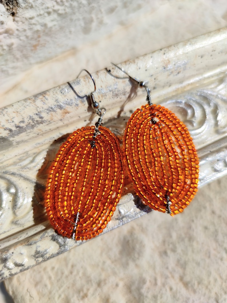 Orange Dangle Earrings Orange Seed Beads Earrings Bohemian Etsy