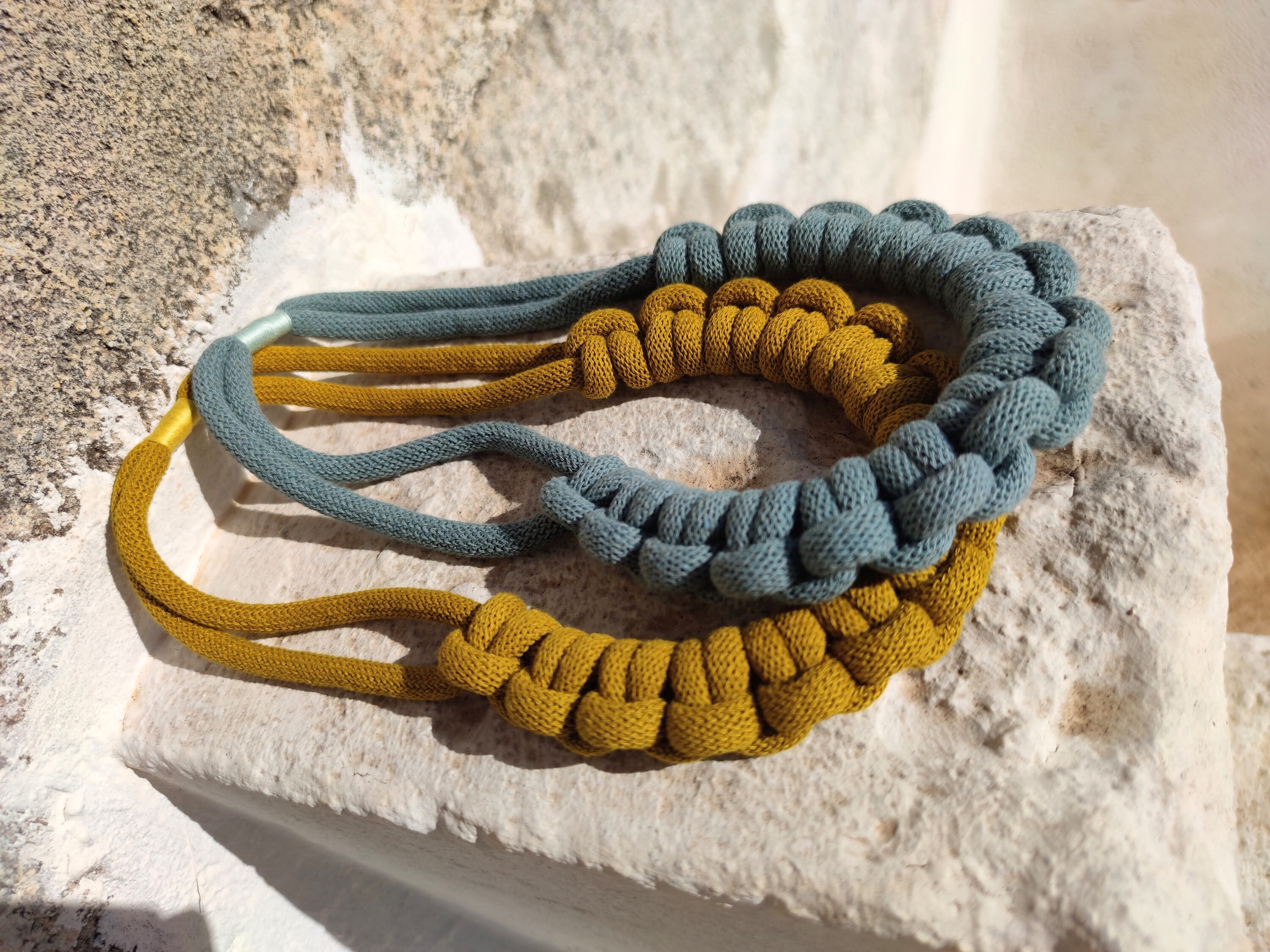 Chunky Necklace Fabric Rope Thick Necklace Yellow and Green Fabric Necklace  Knots Necklace Rope Necklace Macrame Necklace Bicolor Necklace. 