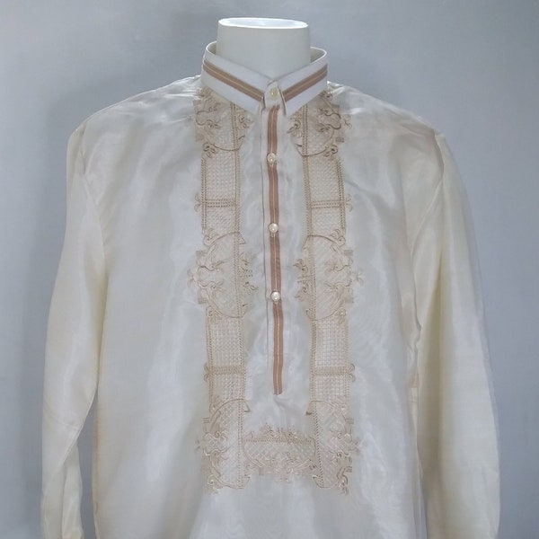 Philippine Barong Tagalog for Men - Handcrafted Embroidered Satin Organza with Ivory White Lining XXL - Authentic Filipino Made from Bulacan