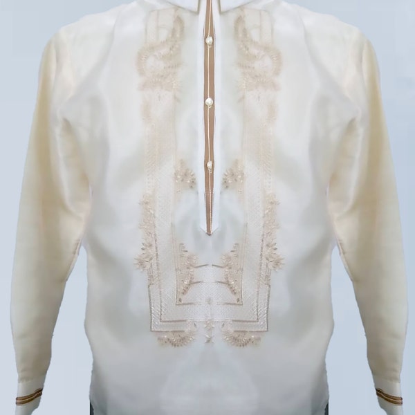 Philippine Original Barong Tagalog for Men Embroidered Satin Organza w/ Lining Ivory White MEDIUM. Original Filipino Made from Bulacan.