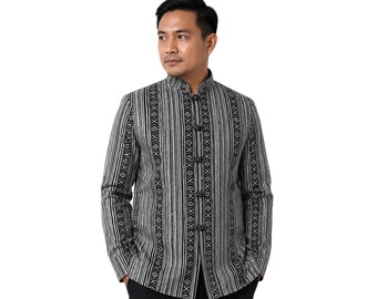 Filipino Modern Ethnic Men’s BARONG-Style Suit, Black-Gray Philippines Tribal,  Button-Up, Mandarin Collar Coat, Smart Casual, Formal Wear!
