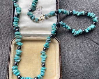 Stunning Unusual Turquoise & Haematite Beaded Necklace with 9ct Gold Clasp!