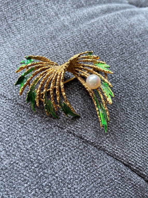 Stunning Vintage Gold Plated Green Enamel Faux Pearl Andreas Daub A*D Brooch Pin!