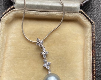 Stunning Sterling Silver Faux Pearl & Sparkly Cubic Zirconia Pendant Necklace!