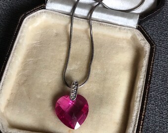 Stunning Sterling Silver Faceted Pink Cubic Zirconia Heart Pendant Necklace with Clear Cz Stones!