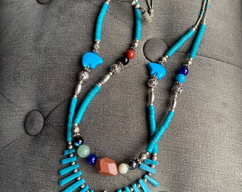 Stunning Vintage Unusual Navajo Beaded Turquoise Goldstone Gemstone Two Strand Statement Necklace!