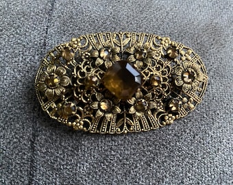 Stunning Vintage Czech Cutwork Filigree Smokey Glass Floral Brooch Pin!