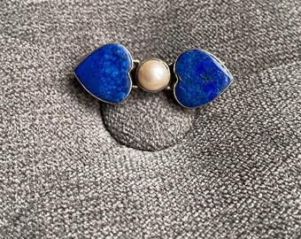 Stunning Sterling Silver Lapis Lazuli & Freshwater Pearl Heart Brooch Pin!